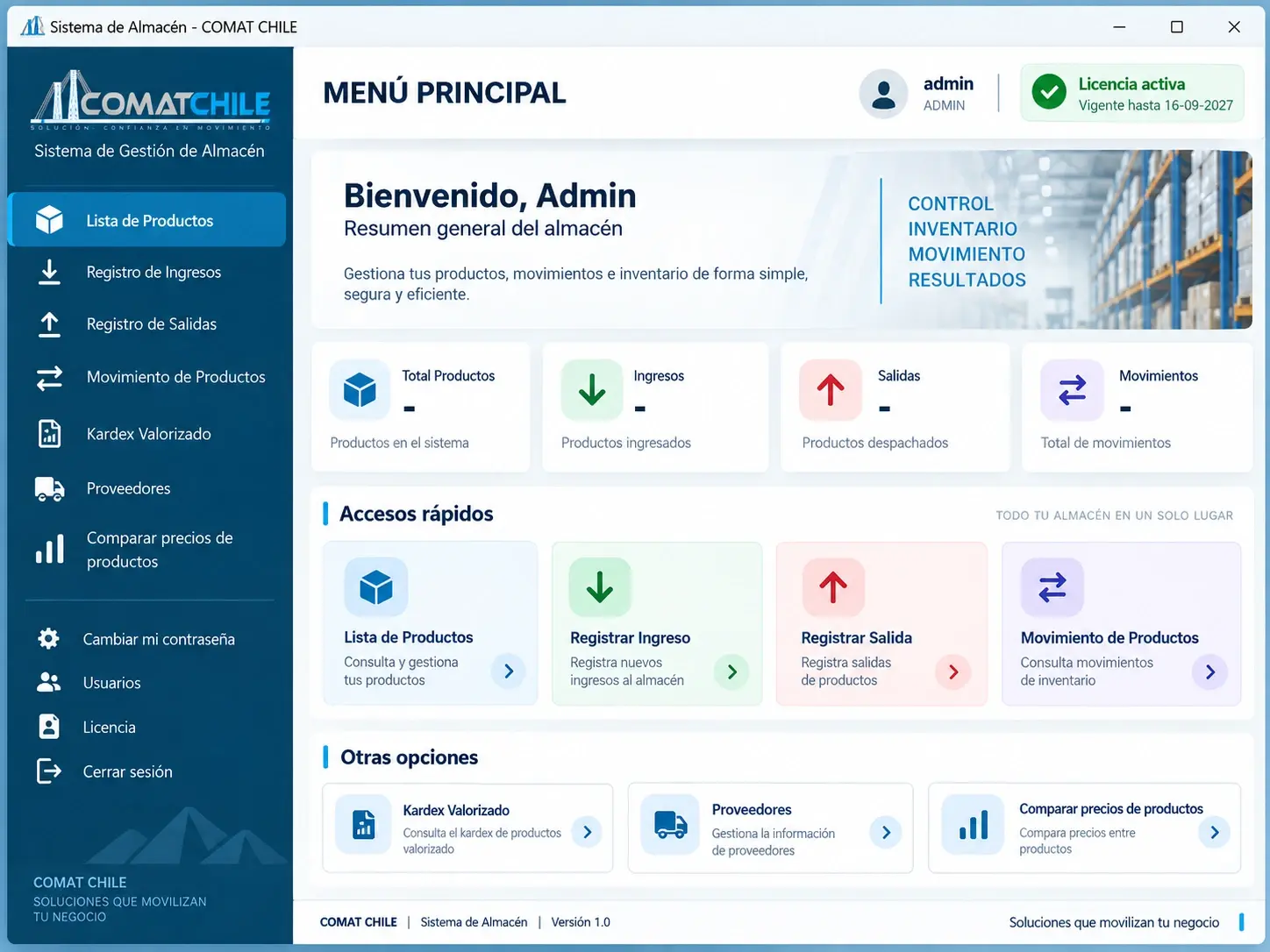 Menú principal del sistema de almacén de COMAT Chile, con accesos a productos, ingresos, salidas, movimientos y kardex valorizado