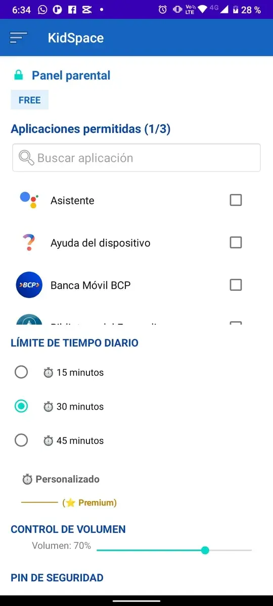 Panel parental de KidSpace con la lista de aplicaciones y sus casillas de selección