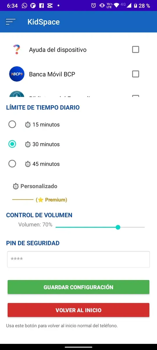 Pantalla de KidSpace con las opciones de límite de tiempo diario y control de volumen